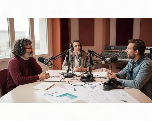 Team di un podcast economico riunito in uno studio luminoso a Prato, tra microfoni e appunti