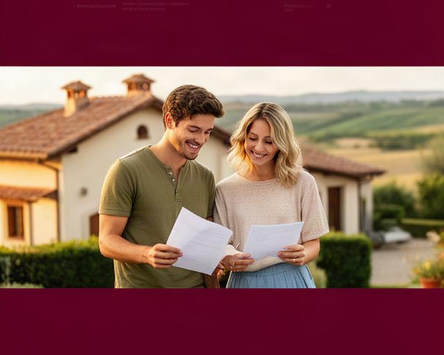 Coppia davanti alla nuova casa in Toscana mentre esamina i documenti del mutuo