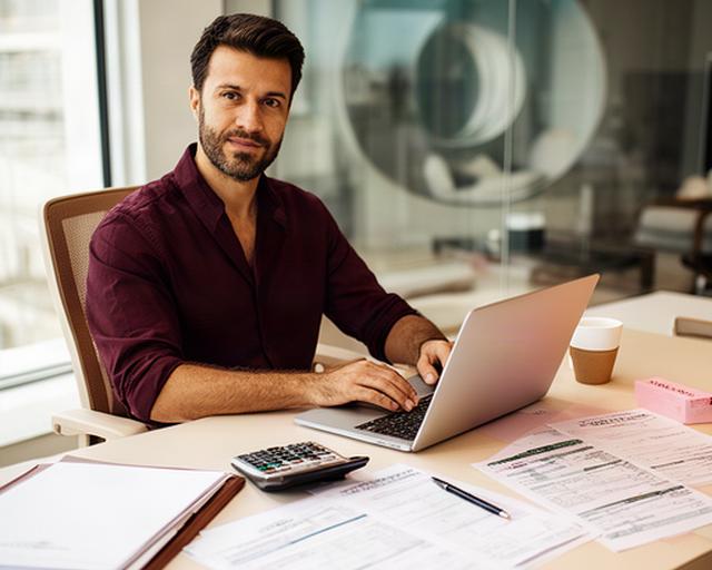 Professionista freelance al lavoro in uno studio luminoso, con laptop e documenti fiscali sulla scrivania