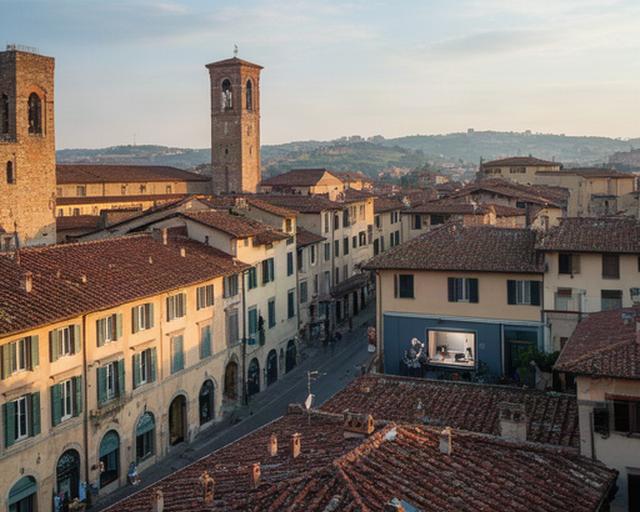 Veduta di Prato in Toscana con antichi edifici e lo studio di registrazione del podcast sullo sfondo