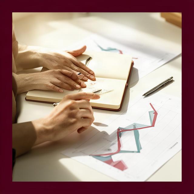 Persona che analizza un quaderno di risparmio e un grafico finanziario su una scrivania luminosa