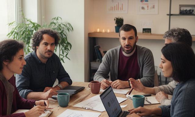 Piccolo team di una startup locale riunito attorno a un tavolo in uno spazio di lavoro a Prato